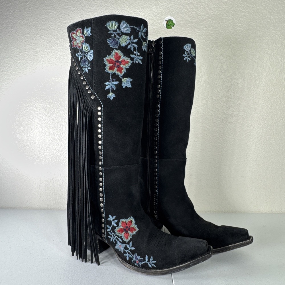 DOUBLE D RANCH Old Gringo Fringe Cowboy Boots Black Suede 8.5 Western Festival - Picture 4 of 16